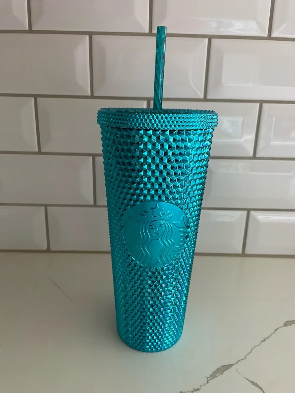 Starbucks cup venti 24oz tumbler Summer 2023 Blue teal Chrome studded metallic